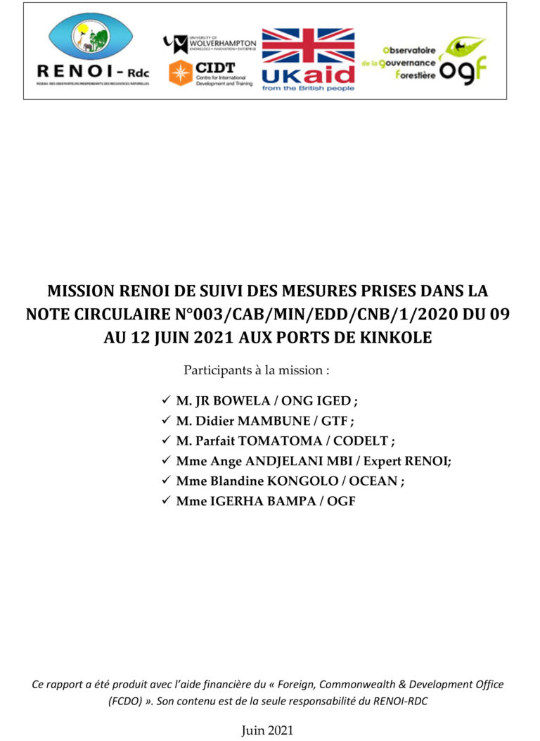 RAPPORT MISSION RENOI DE SUIVI DES MESURES AUX PORTS DE KINKOLE ET COMMUNIQUE DE PRESSE N°01 /RENOI-RDC/2021